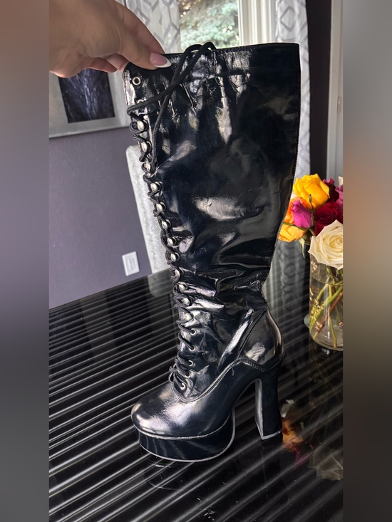 Shoes - Black Lace-Up Platform Knee-High Boots